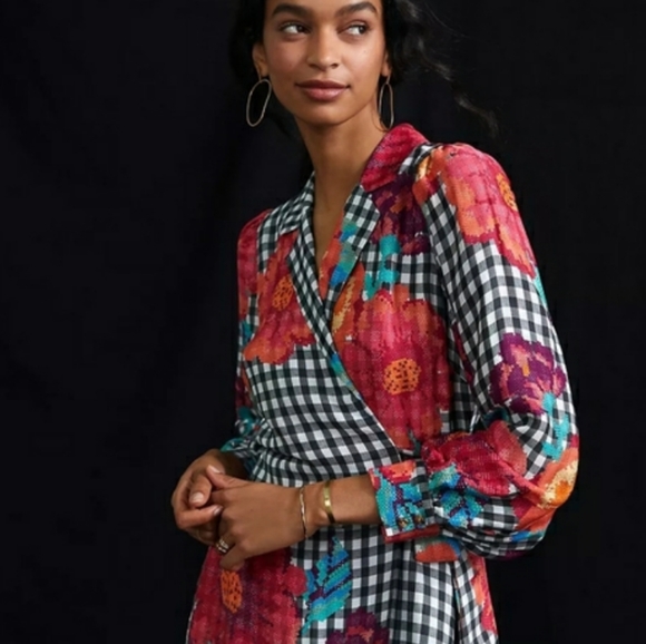 ❗SOLD❗Farm Rio | Gingham Floral Long Sleeve Collared Wrap Dress - Picture 16 of 16